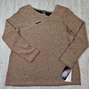 Clara Sunwoo Gold Metallic Asymmetrical Keyhole Sweater T81S Size M NWT